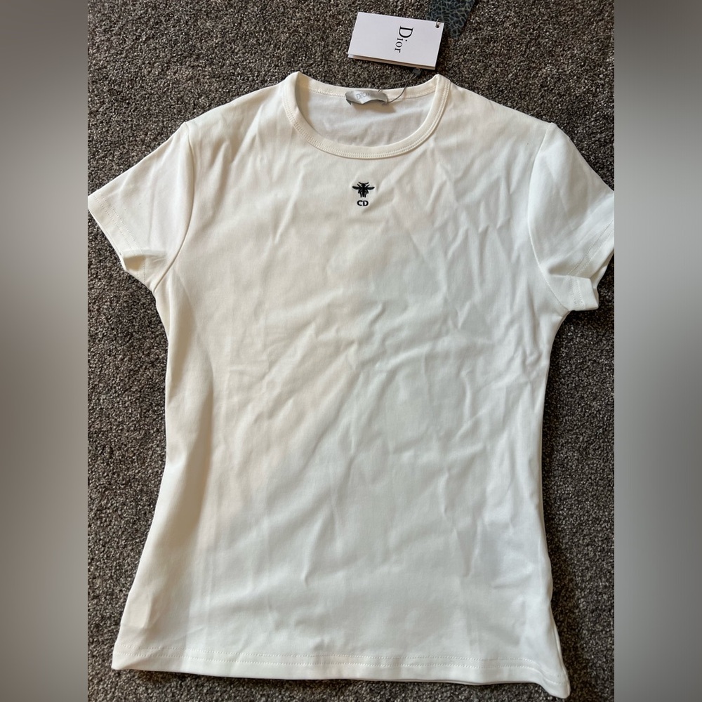 Dior Cream Short Sleeve Tank Top with Bee Motif